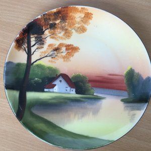 vintage Noritake red M hand painted plate red house tree landscape scene